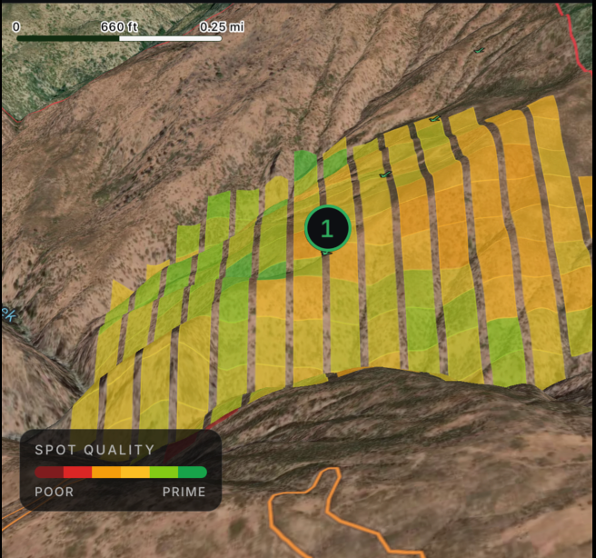 Gydepoint habitat heat map over satellite terrain, with a ranked spot and a red-to-green Poor-to-Prime spot quality legend.
